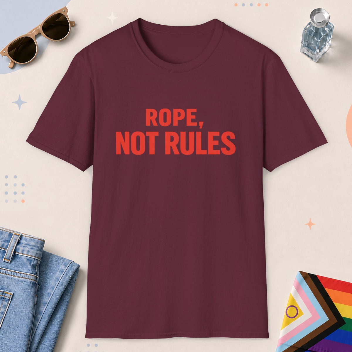 Maroon color all-gender graphic t-shirt with "Rope Not Rules" design