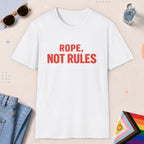 White color all-gender graphic t-shirt with "Rope Not Rules" design