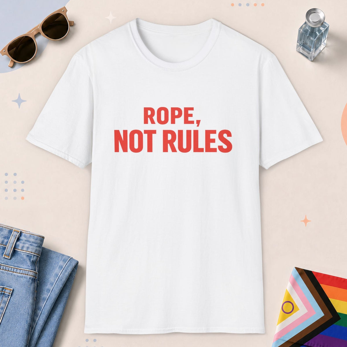 White color all-gender graphic t-shirt with "Rope Not Rules" design