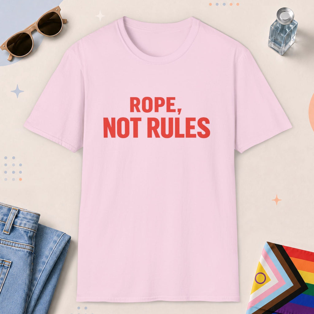 Light Pink color all-gender graphic t-shirt with "Rope Not Rules" design