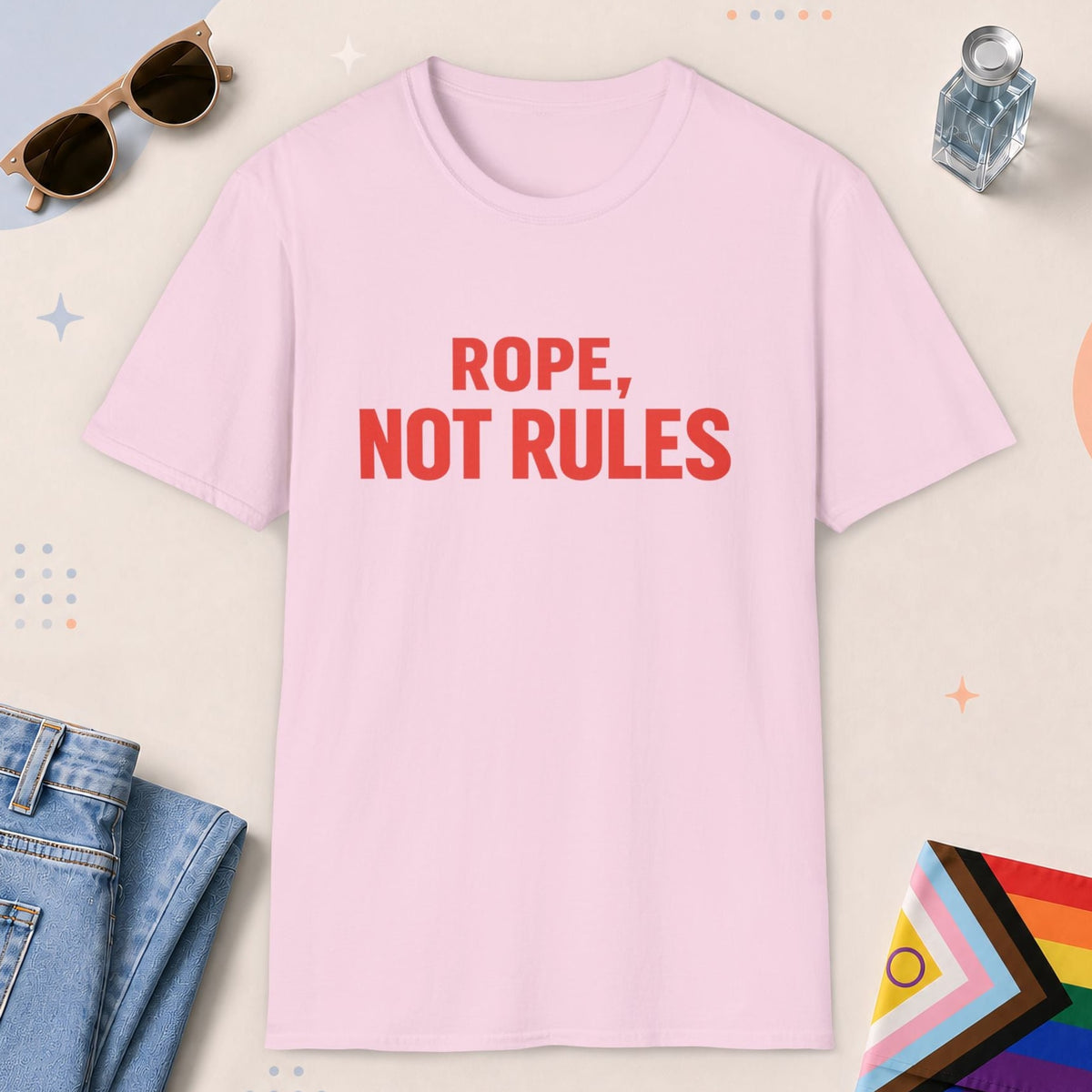Light Pink color all-gender graphic t-shirt with "Rope Not Rules" design