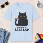 Light Blue color all-gender graphic t-shirt with "Safe Lap Cat" design