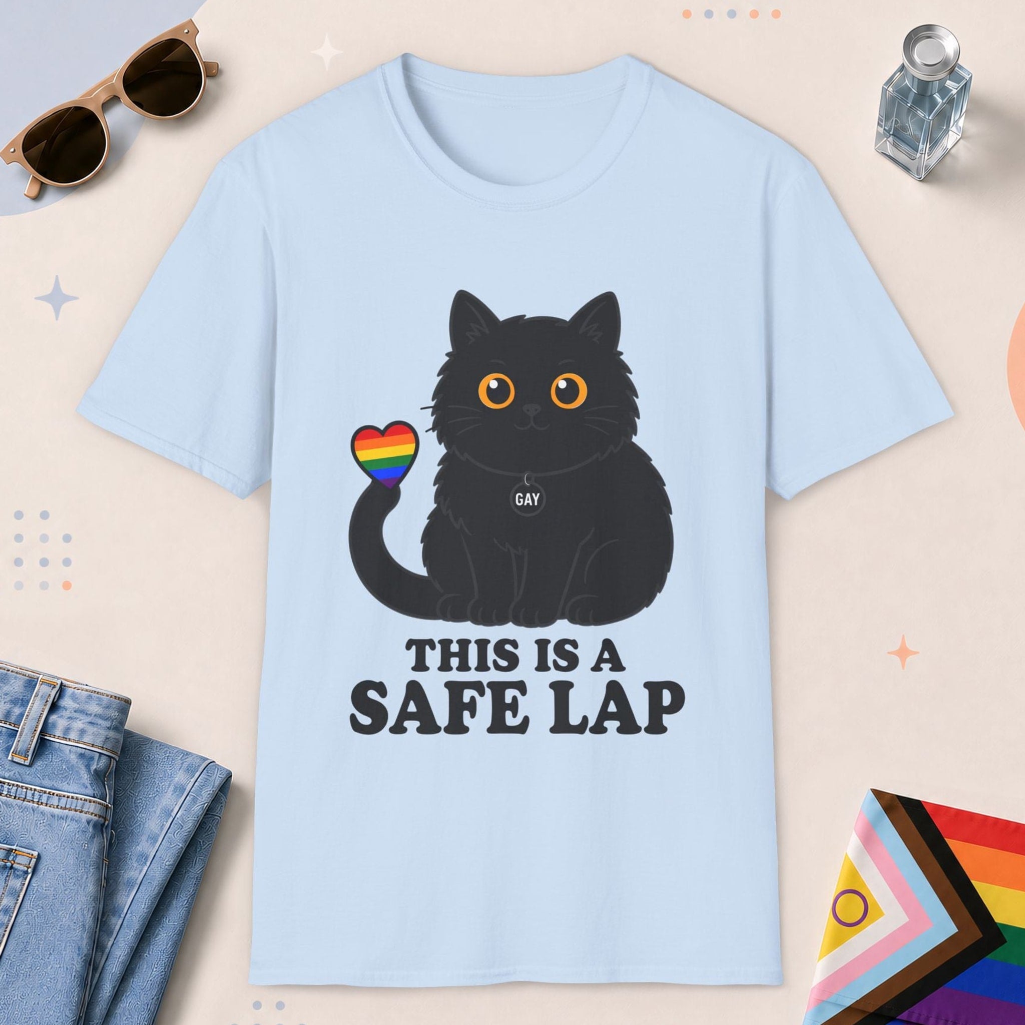 Light Blue color all-gender graphic t-shirt with "Safe Lap Cat" design