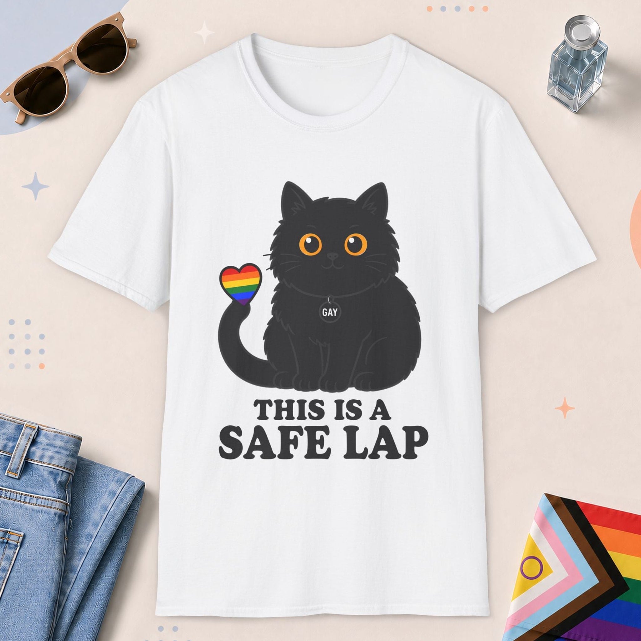 White color all-gender graphic t-shirt with "Safe Lap Cat" design