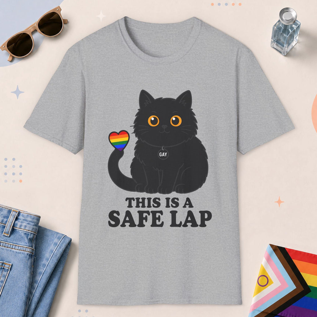 Sport Grey color all-gender graphic t-shirt with "Safe Lap Cat" design