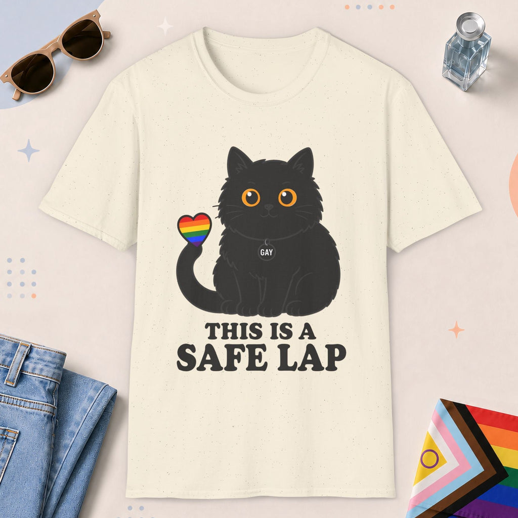 Natural color all-gender graphic t-shirt with "Safe Lap Cat" design