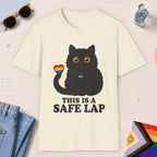 Natural color all-gender graphic t-shirt with "Safe Lap Cat" design