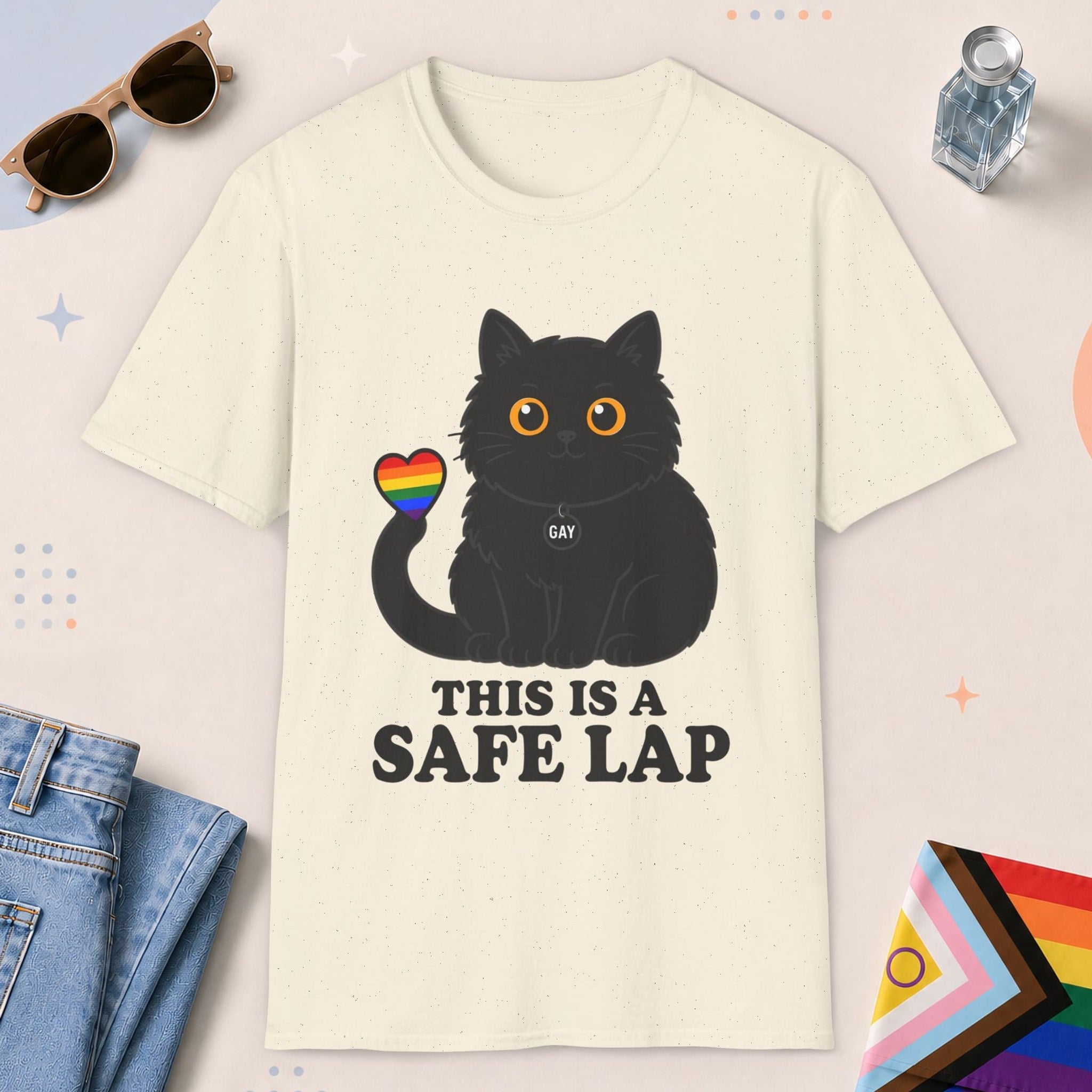 Natural color all-gender graphic t-shirt with "Safe Lap Cat" design
