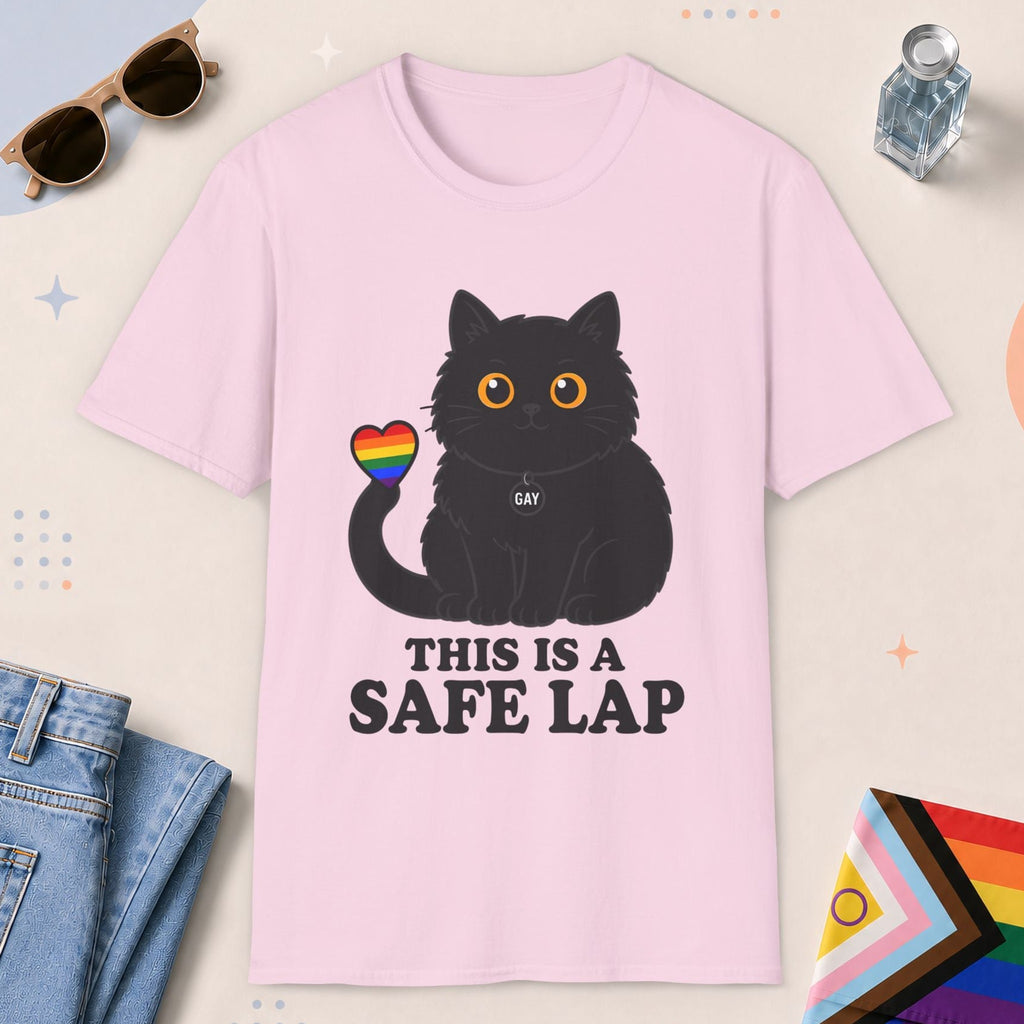 Light Pink color all-gender graphic t-shirt with "Safe Lap Cat" design