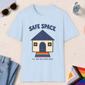 Light Blue color all-gender graphic t-shirt with "Safe Space" design