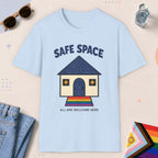 Light Blue color all-gender graphic t-shirt with "Safe Space" design