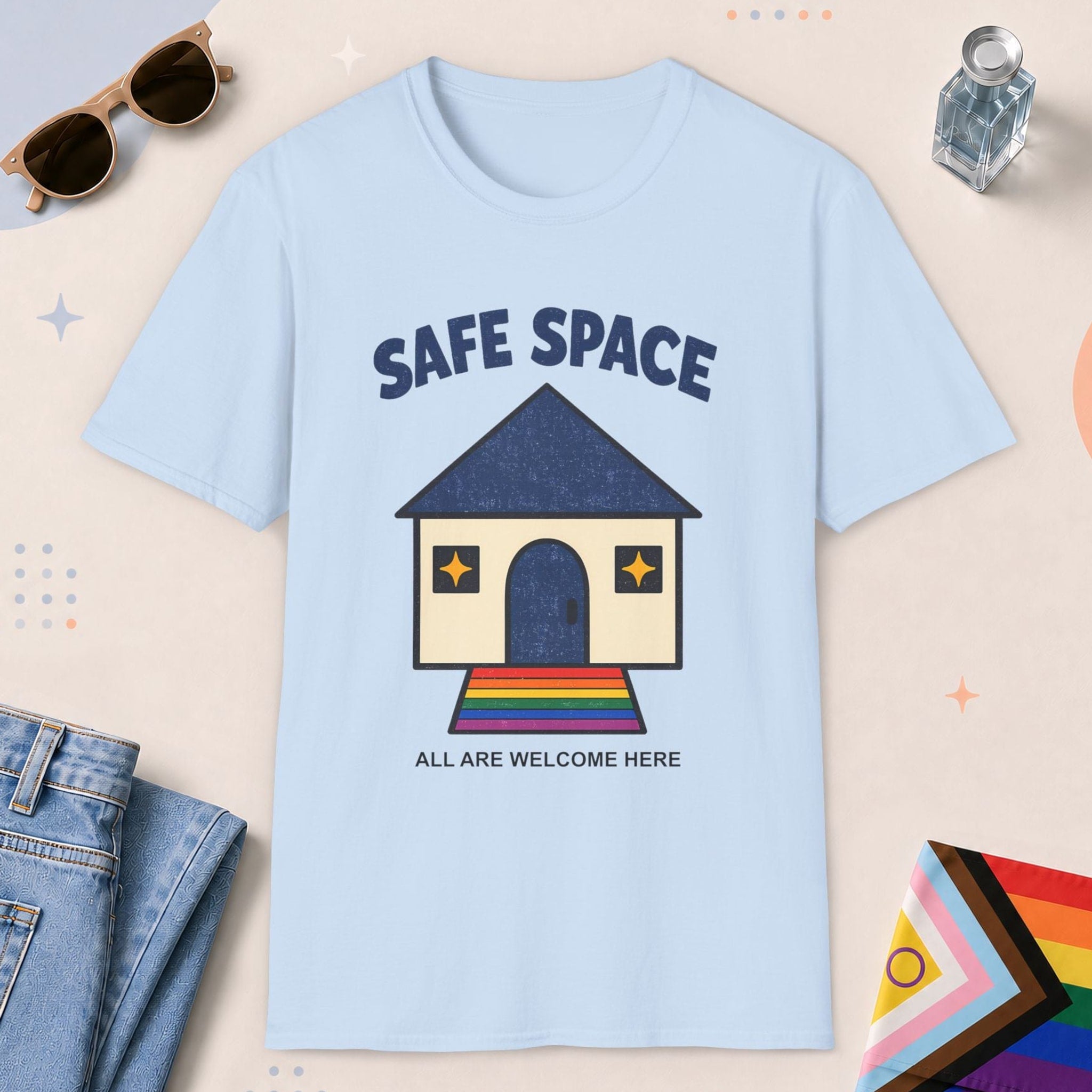 Light Blue color all-gender graphic t-shirt with "Safe Space" design