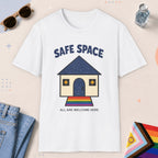 White color all-gender graphic t-shirt with "Safe Space" design