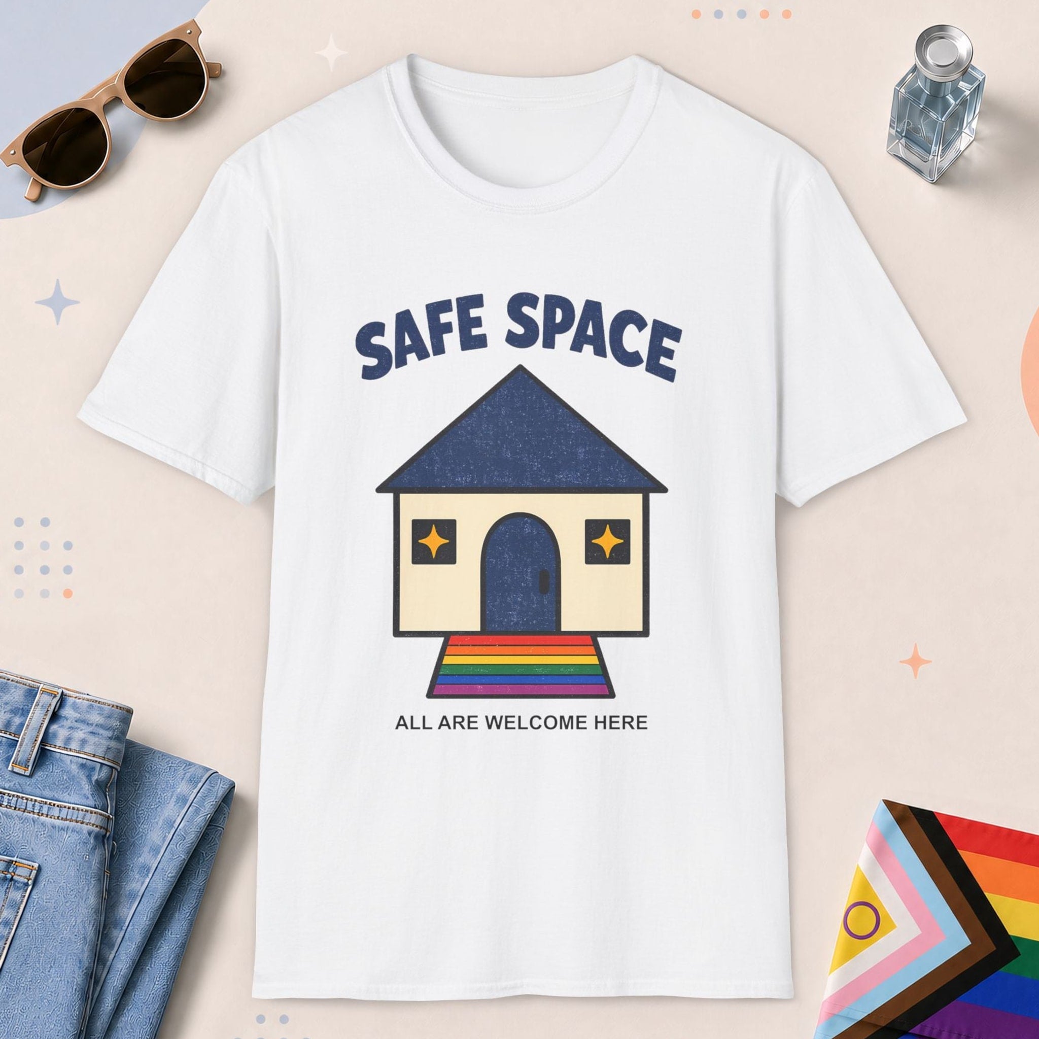 White color all-gender graphic t-shirt with "Safe Space" design
