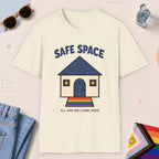 Natural color all-gender graphic t-shirt with "Safe Space" design