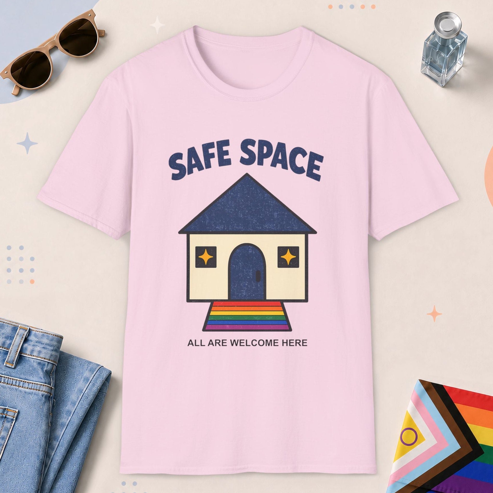 Light Pink color all-gender graphic t-shirt with "Safe Space" design