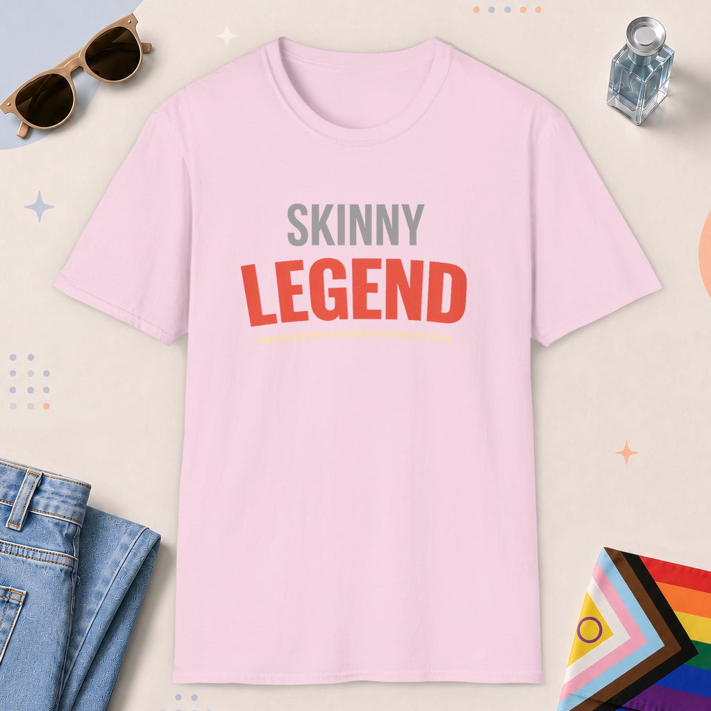 Light Pink color all-gender graphic t-shirt with "Skinny Legend" design