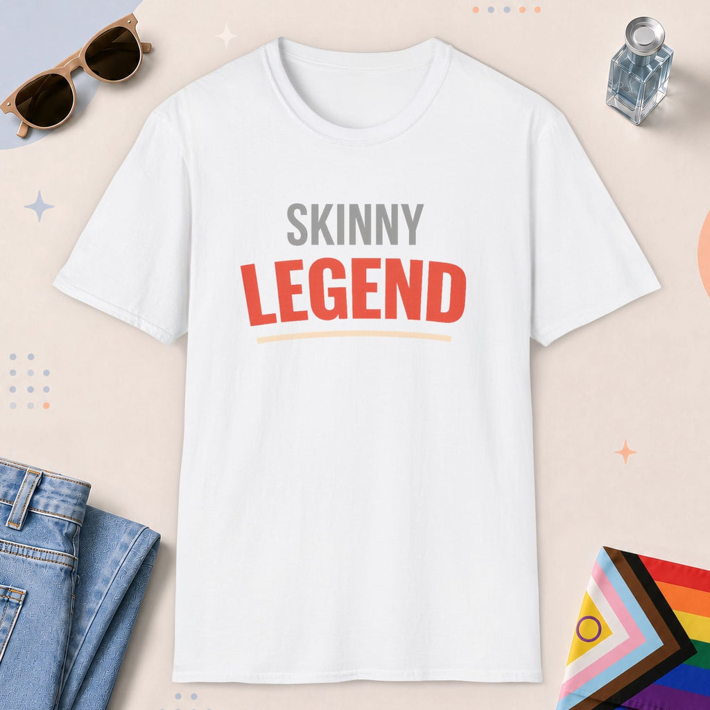White color all-gender graphic t-shirt with "Skinny Legend" design
