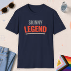 Navy color all-gender graphic t-shirt with "Skinny Legend" design