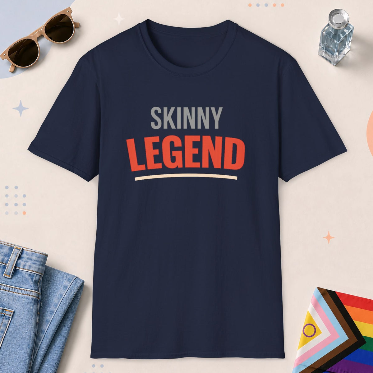 Navy color all-gender graphic t-shirt with "Skinny Legend" design