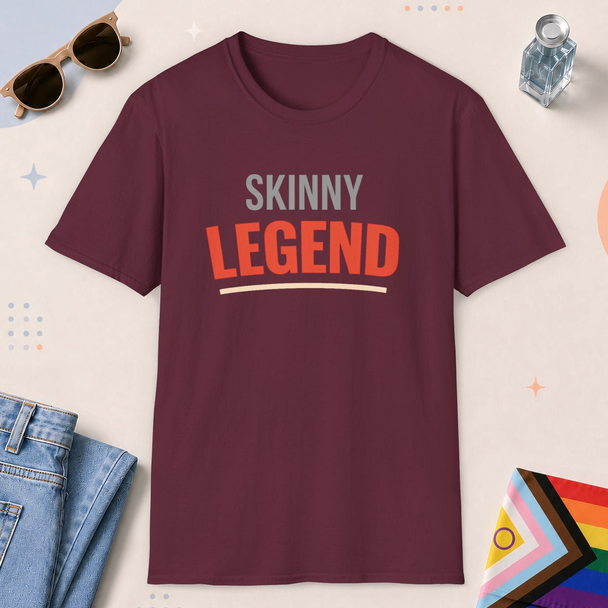 Maroon color all-gender graphic t-shirt with "Skinny Legend" design