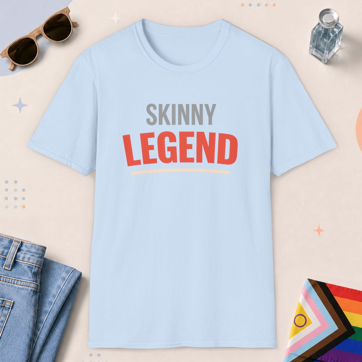 Light Blue color all-gender graphic t-shirt with "Skinny Legend" design