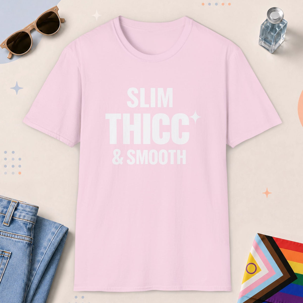 Light Pink color all-gender graphic t-shirt with "Slim Thicc Smooth" design