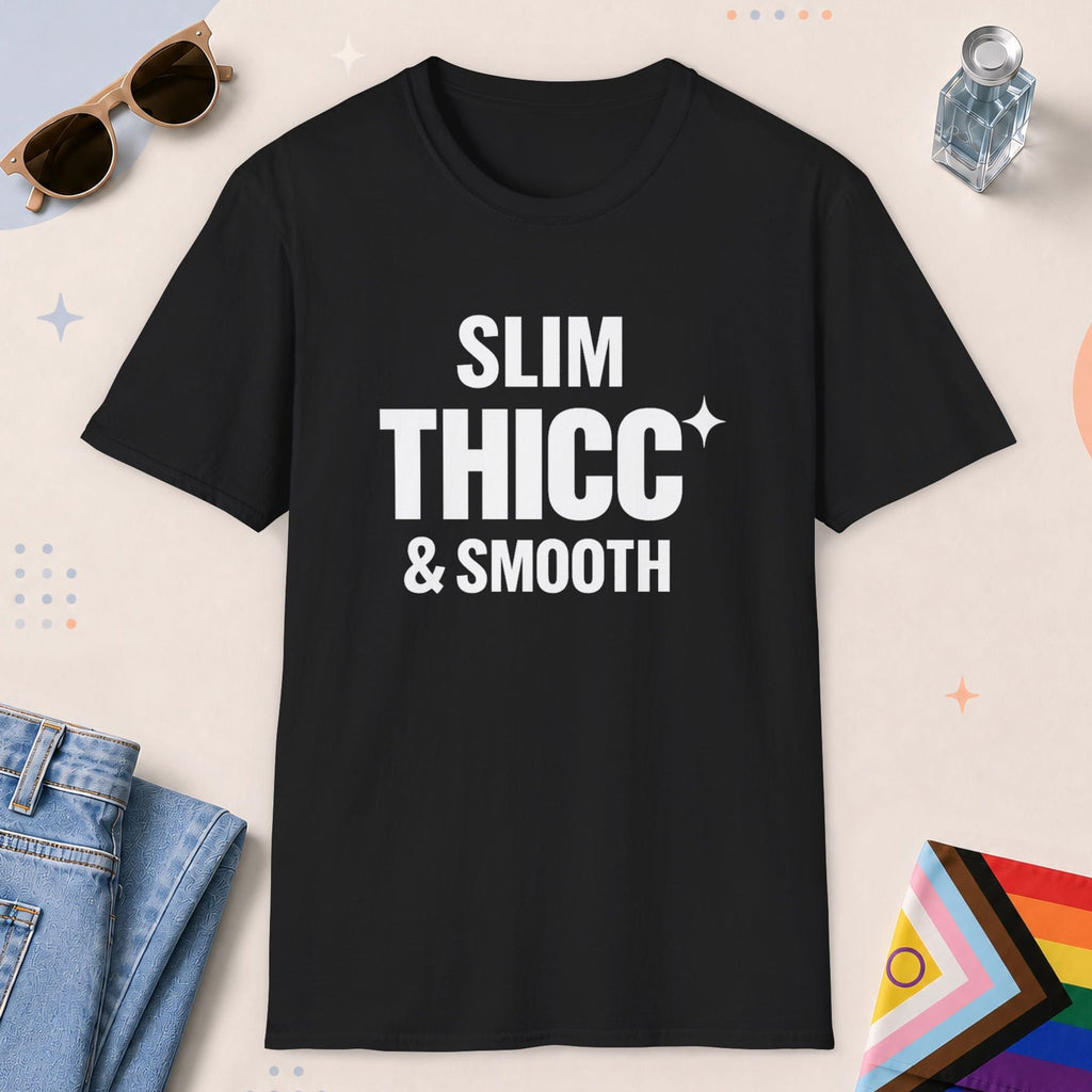 Black color all-gender graphic t-shirt with "Slim Thicc Smooth" design
