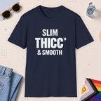 Navy color all-gender graphic t-shirt with "Slim Thicc Smooth" design