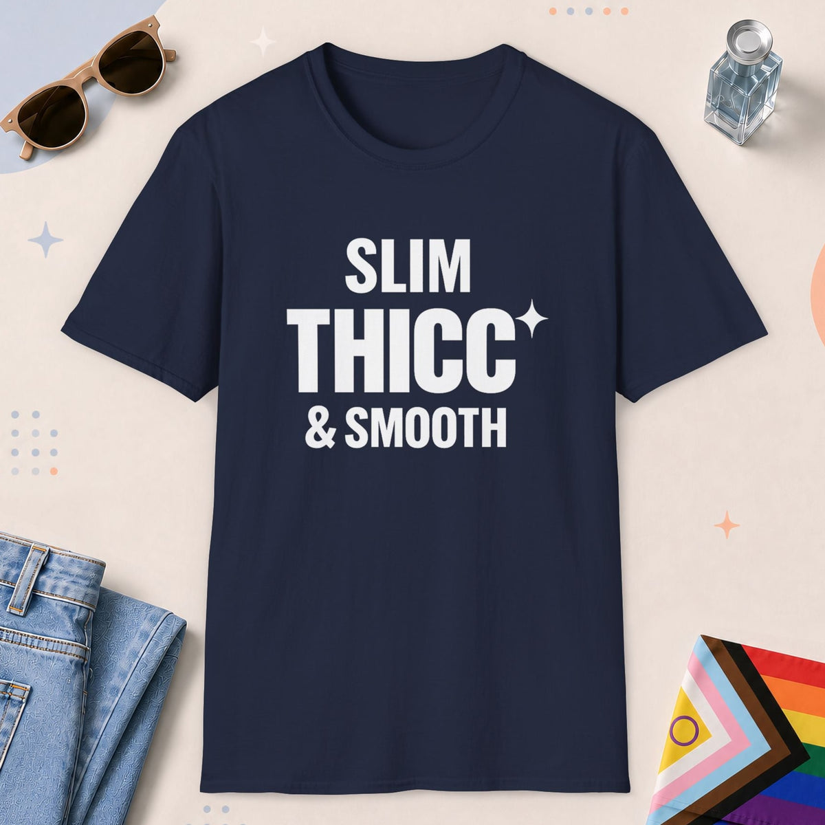 Navy color all-gender graphic t-shirt with "Slim Thicc Smooth" design