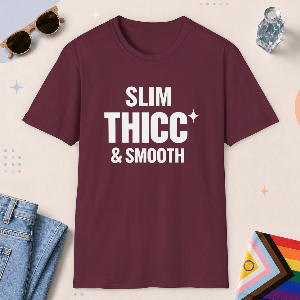 Maroon color all-gender graphic t-shirt with "Slim Thicc Smooth" design