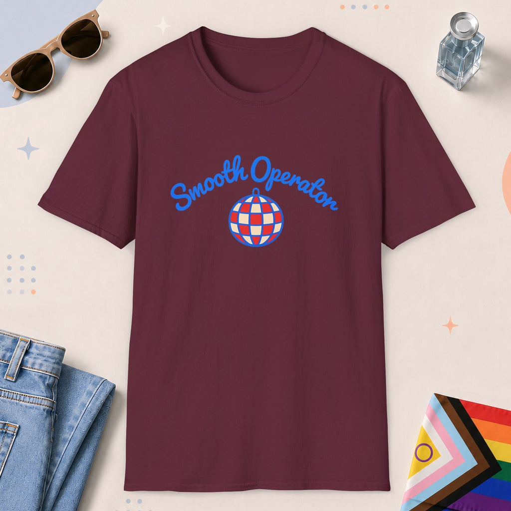 Maroon color all-gender graphic t-shirt with "Smooth Operator" design
