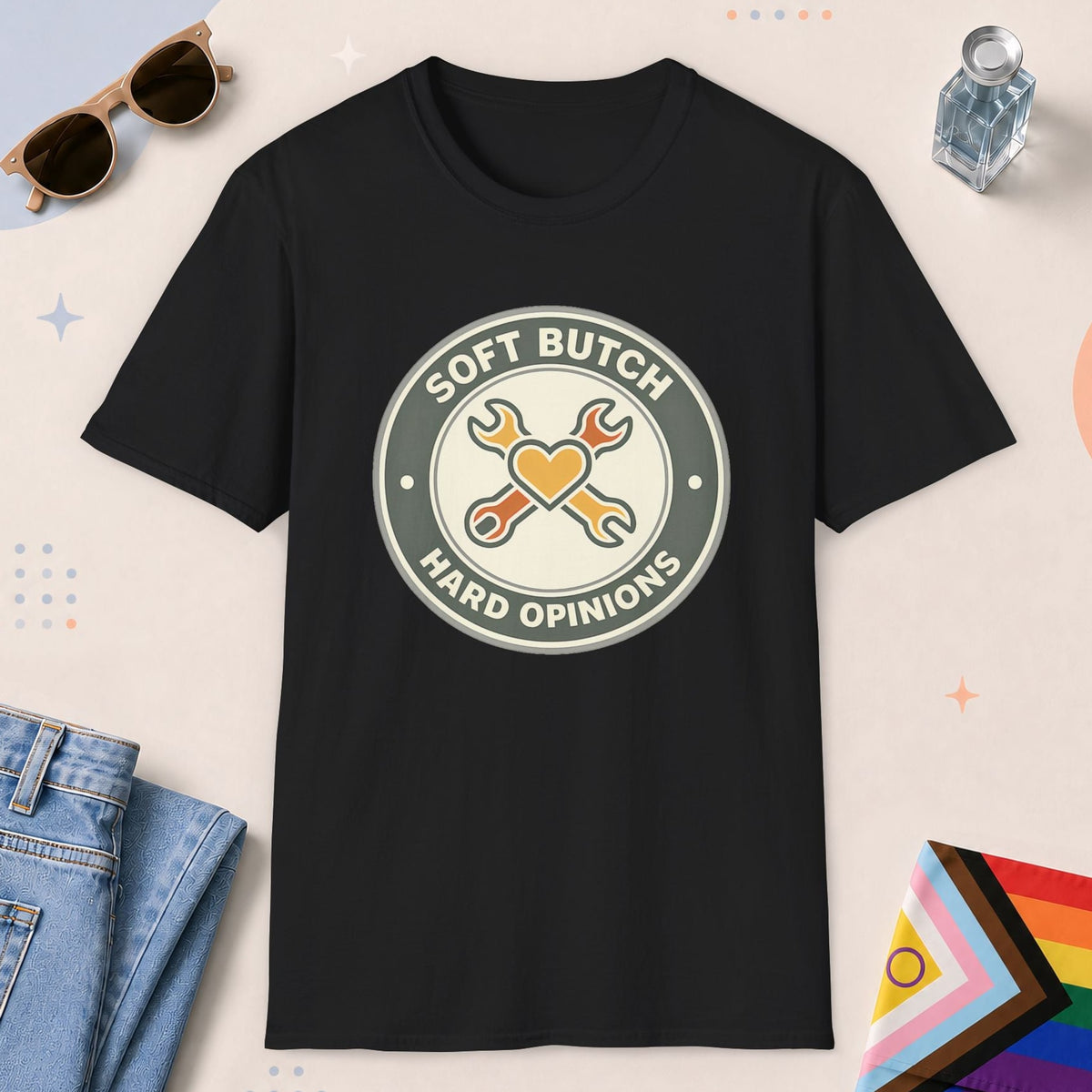 Black color all-gender graphic t-shirt with "Soft Butch" design