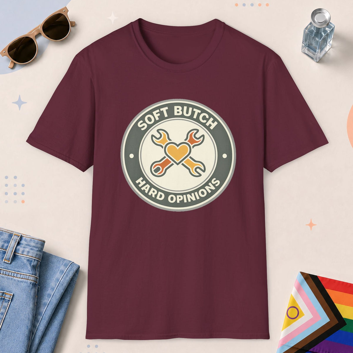 Maroon color all-gender graphic t-shirt with "Soft Butch" design
