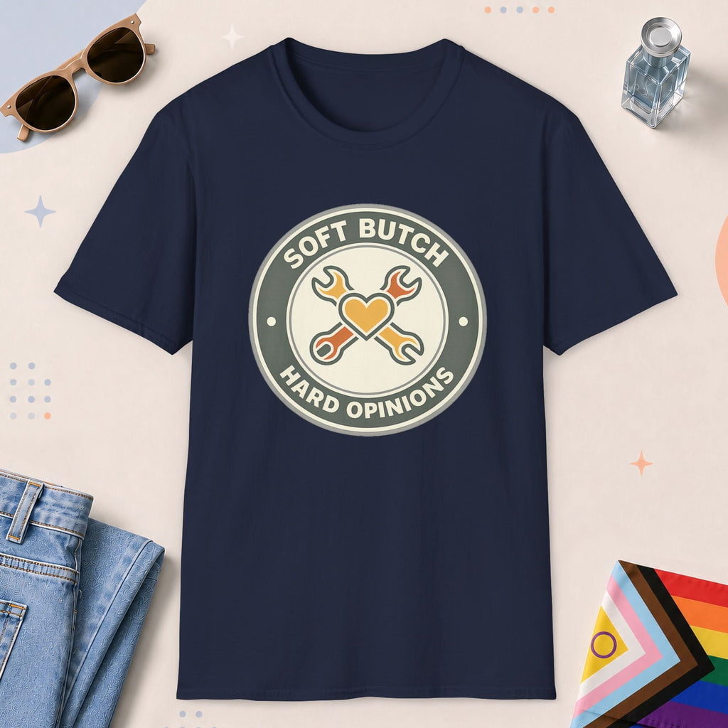 Navy color all-gender graphic t-shirt with "Soft Butch" design
