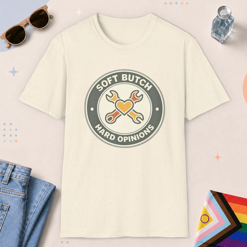 Natural color all-gender graphic t-shirt with "Soft Butch" design