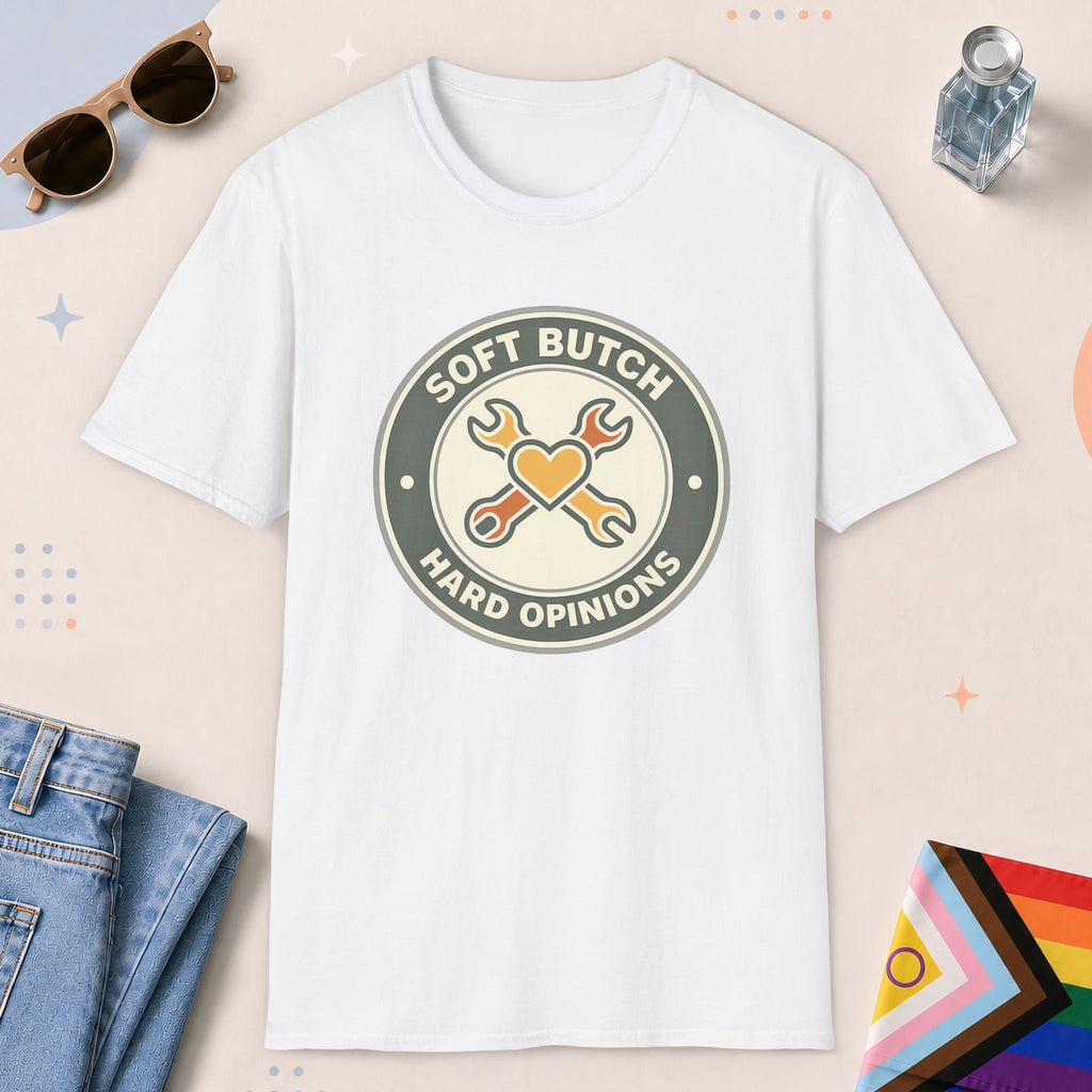 White color all-gender graphic t-shirt with "Soft Butch" design