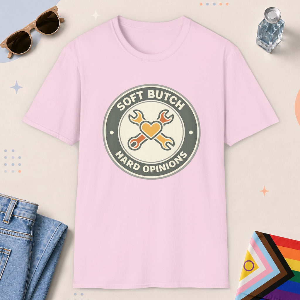 Light Pink color all-gender graphic t-shirt with "Soft Butch" design