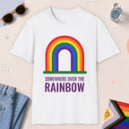 White color all-gender graphic t-shirt with "Somewhere over the rainbow" design
