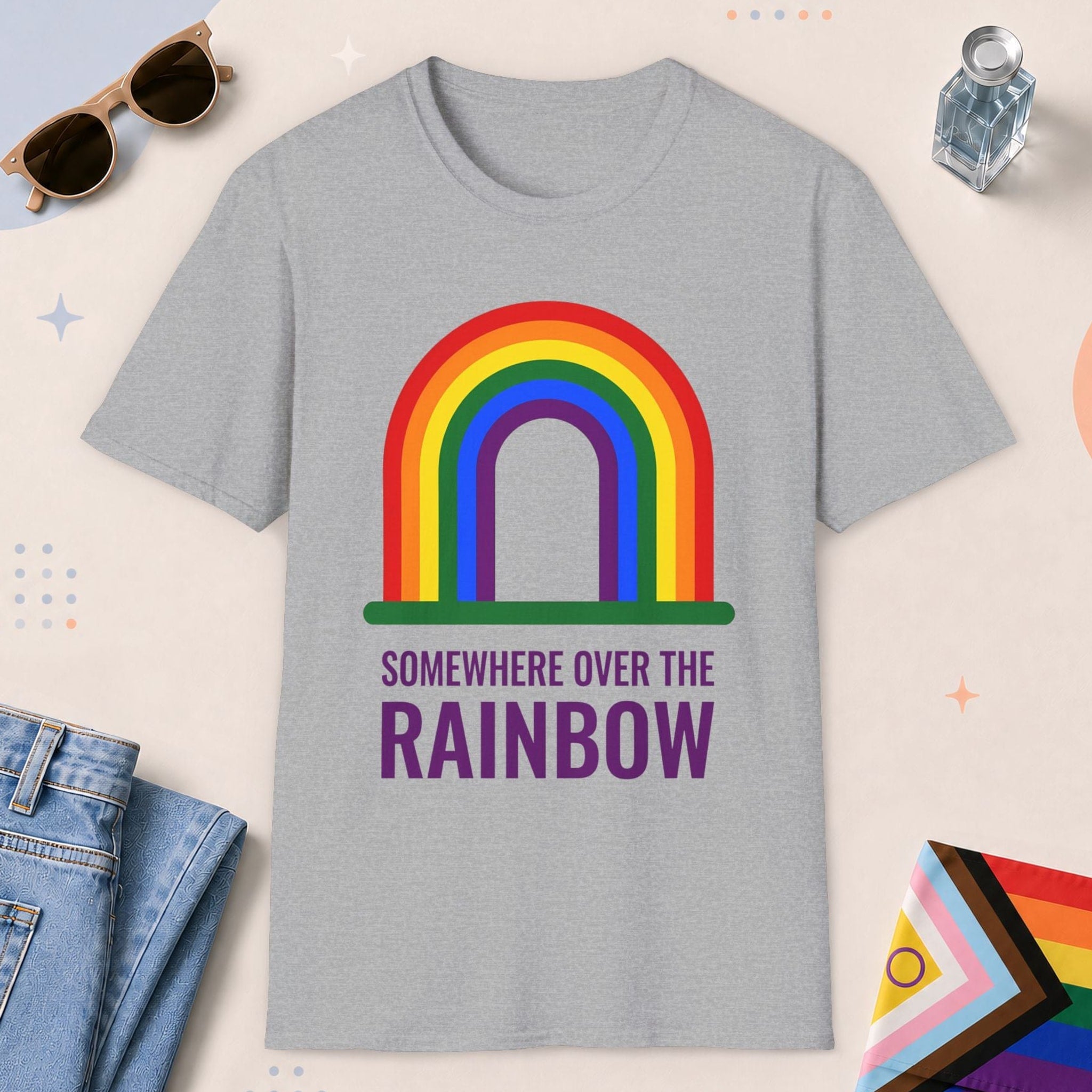 Sport Grey color all-gender graphic t-shirt with "somewhere over the rainbow" design