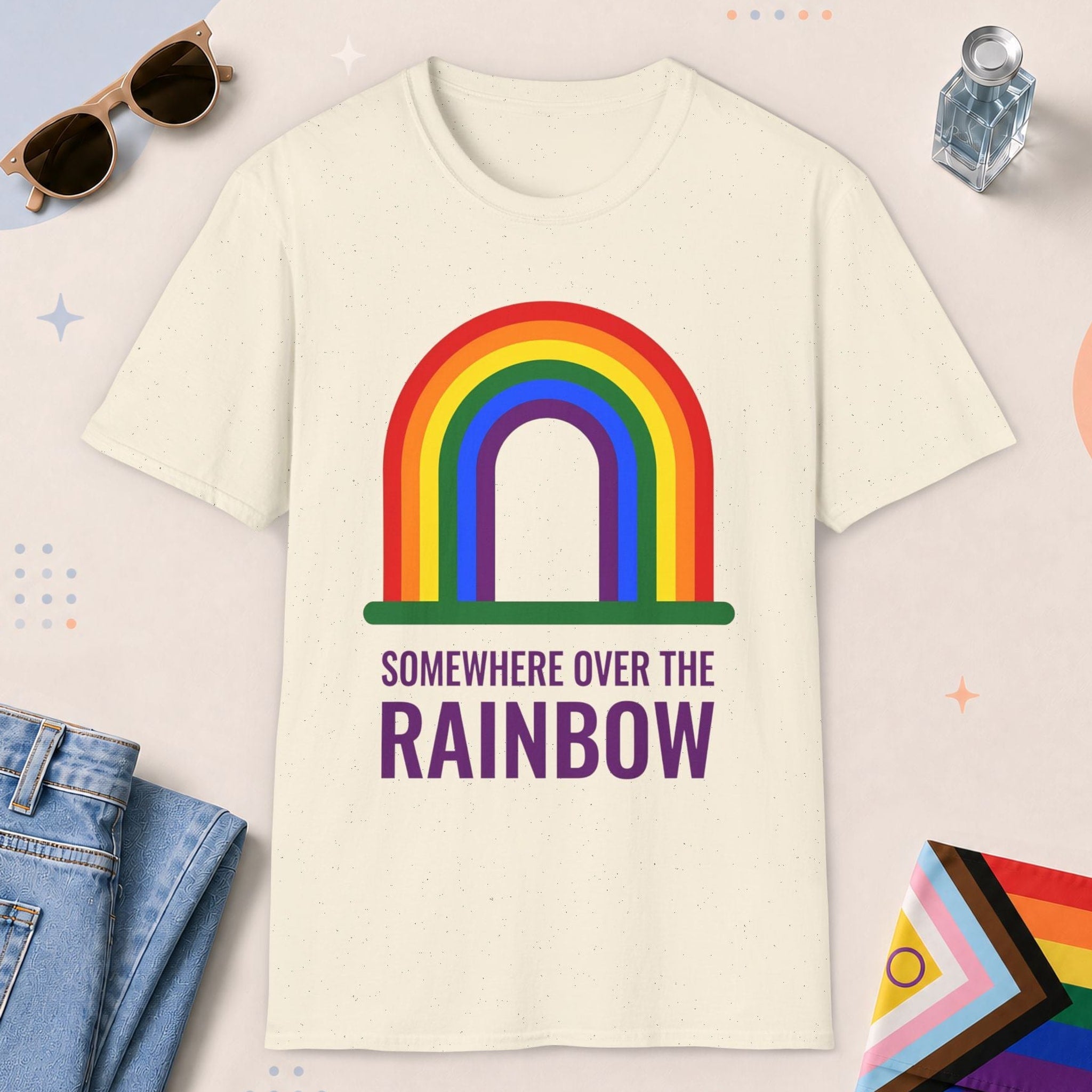 Natural color all-gender graphic t-shirt with "Somewhere Over The Rainbow" design