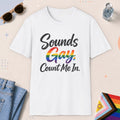 White color all-gender graphic t-shirt with "Sounds Gay" design