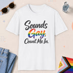 White color all-gender graphic t-shirt with "Sounds Gay" design