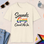 Natural color all-gender graphic t-shirt with "Sounds Gay" design