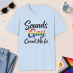 Light Blue color all-gender graphic t-shirt with "Sounds Gay" design