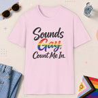 Light Pink color all-gender graphic t-shirt with "Sounds Gay" design