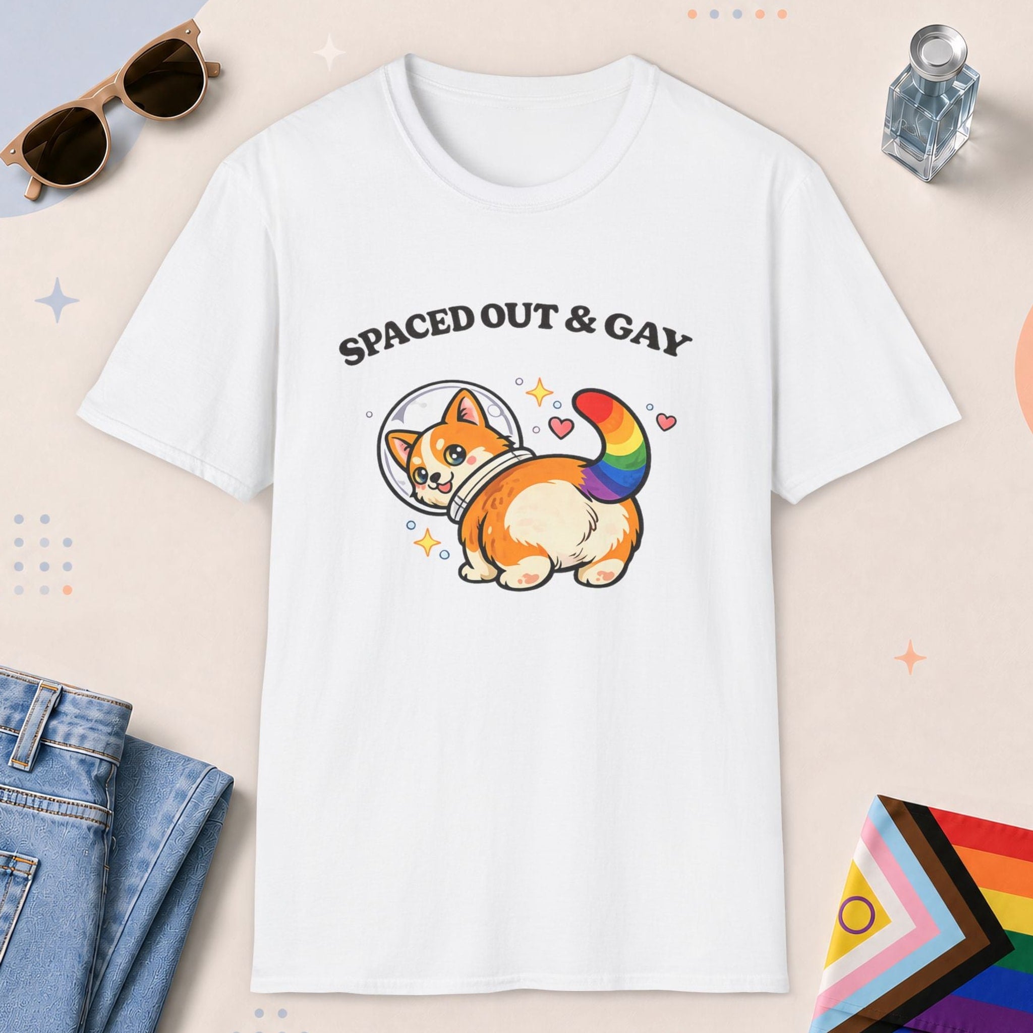 White color all-gender graphic t-shirt with "Space Corgi" design