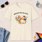 Natural color all-gender graphic t-shirt with "Space Corgi" design