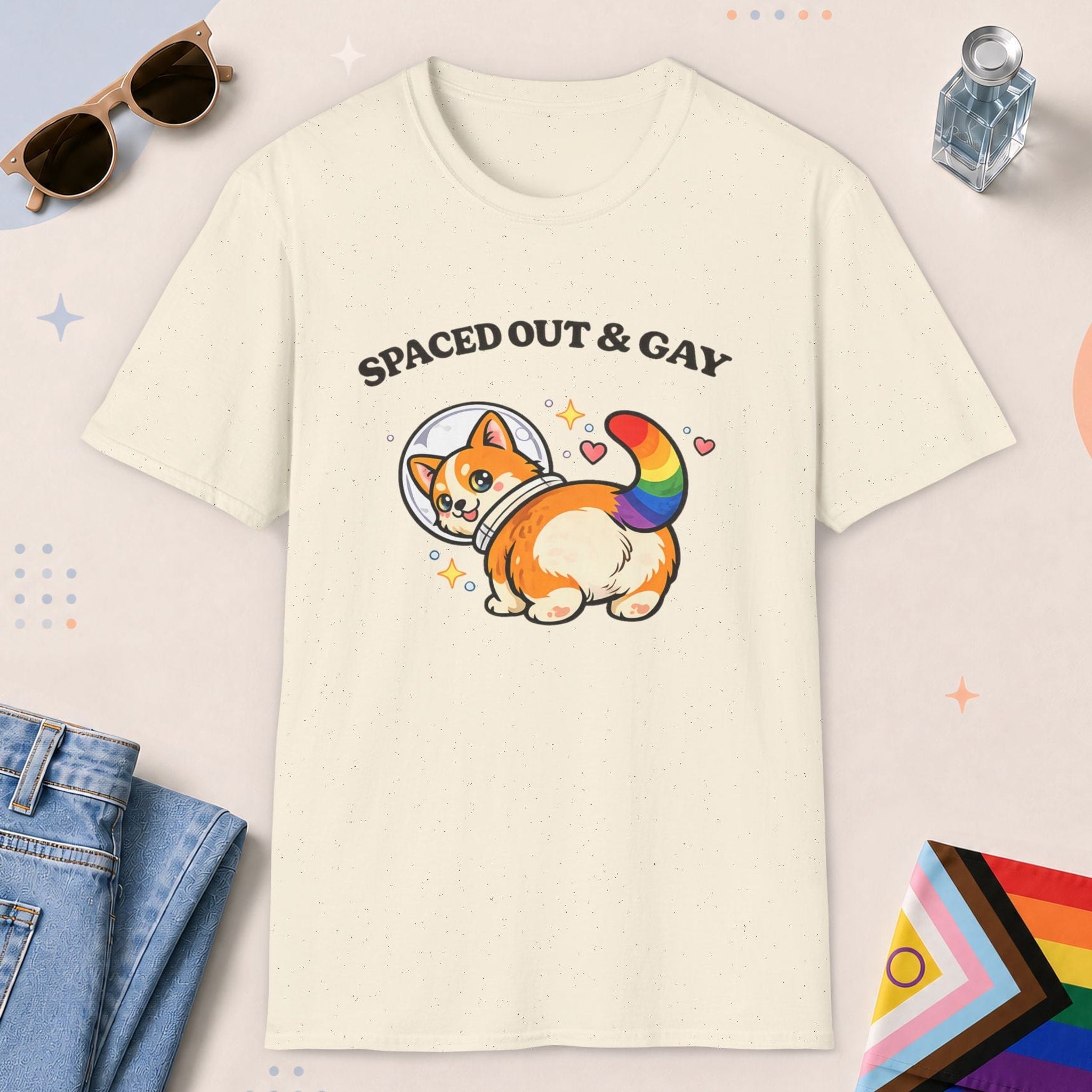 Natural color all-gender graphic t-shirt with "Space Corgi" design