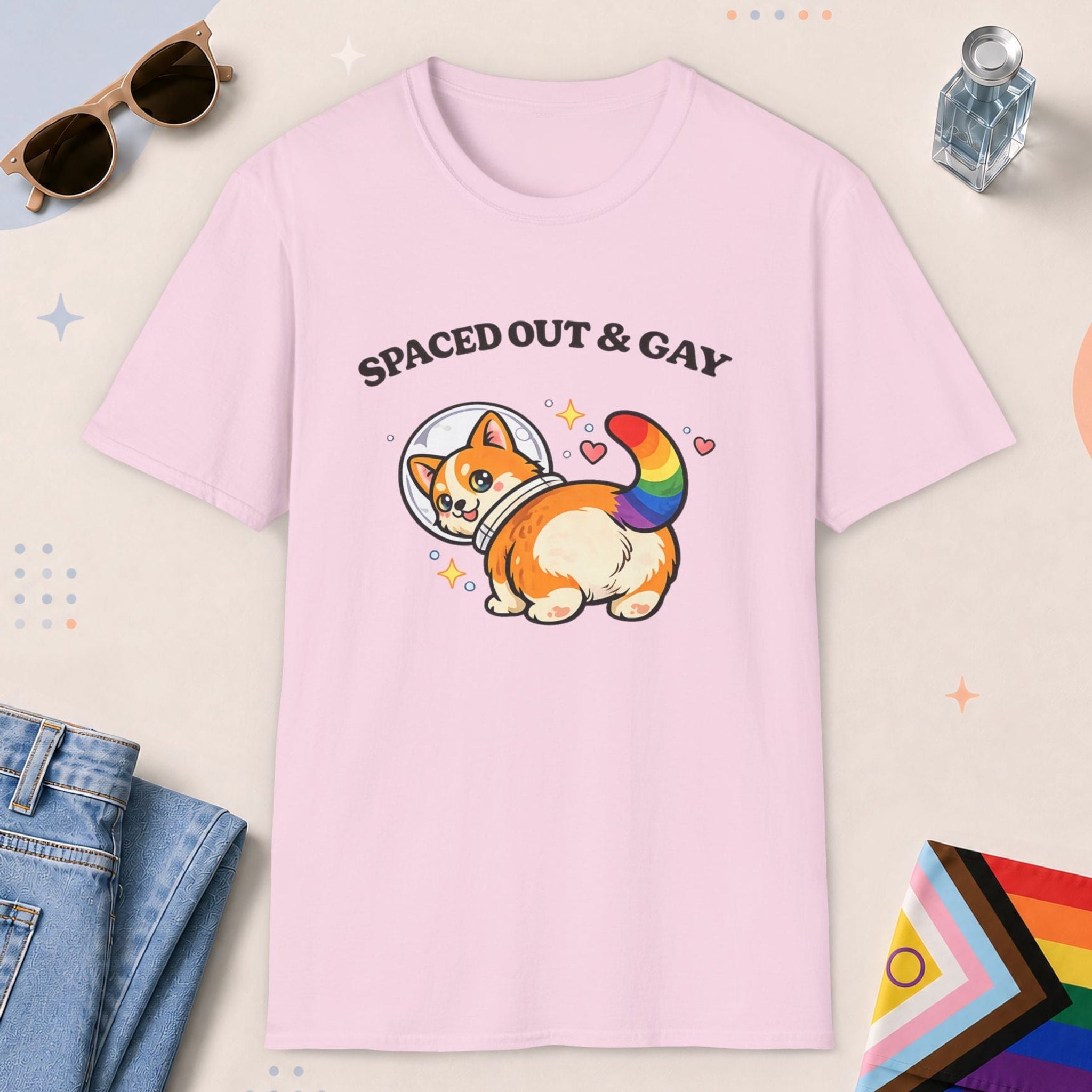 Light Pink color all-gender graphic t-shirt with "Space Corgi" design